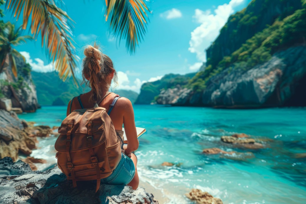 Femme Collaborative Voyageuse en bord de mer