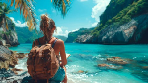 Femme Collaborative Voyageuse en bord de mer