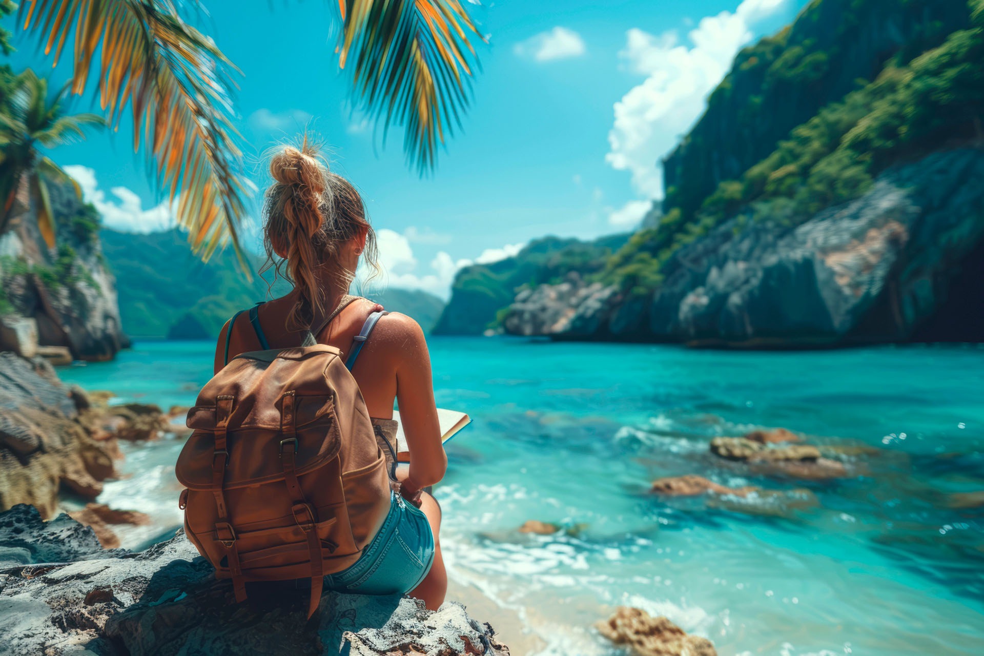 Femme Collaborative Voyageuse en bord de mer